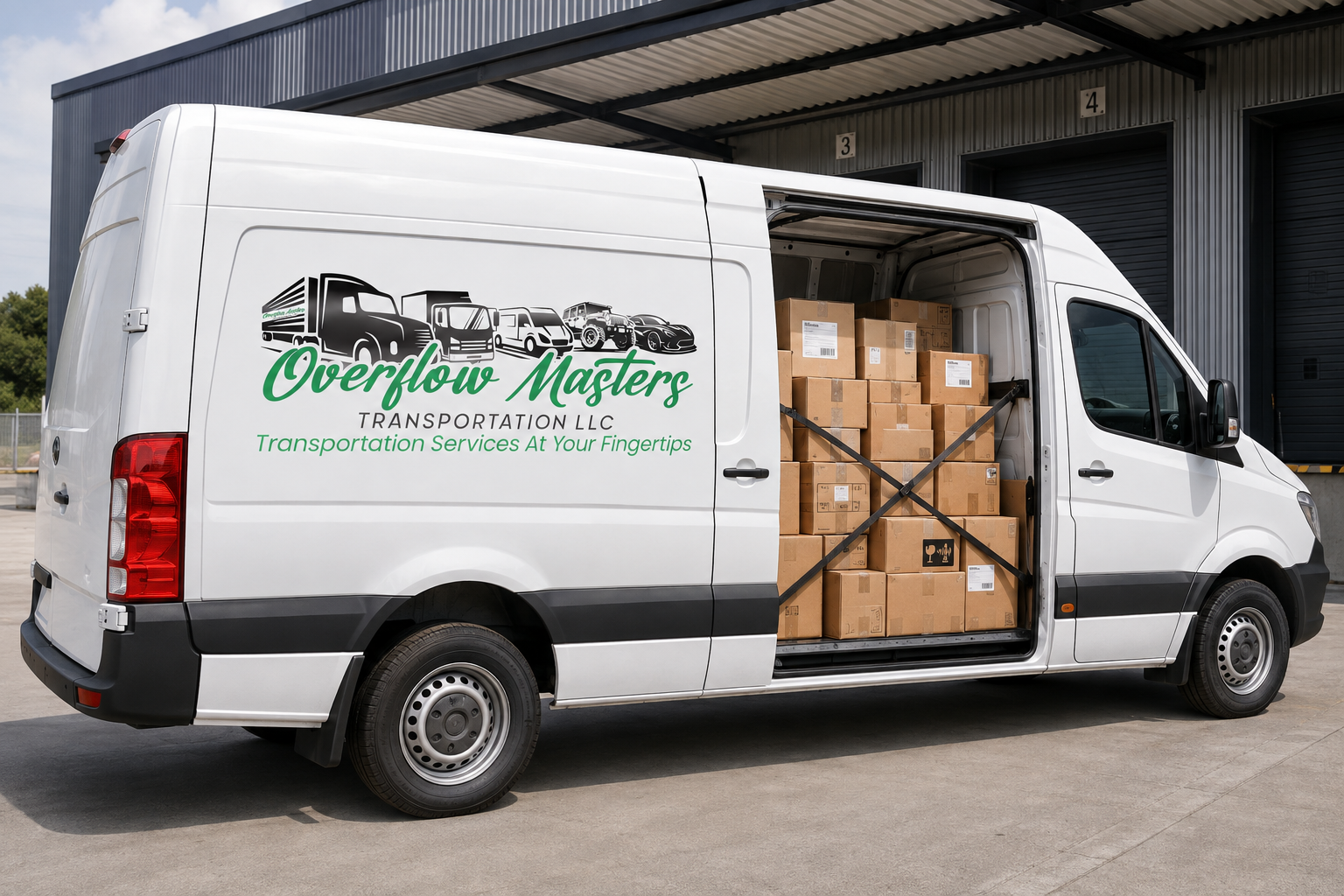Overflow Masters branded cargo van loaded with secured freight boxes at a loading dock
