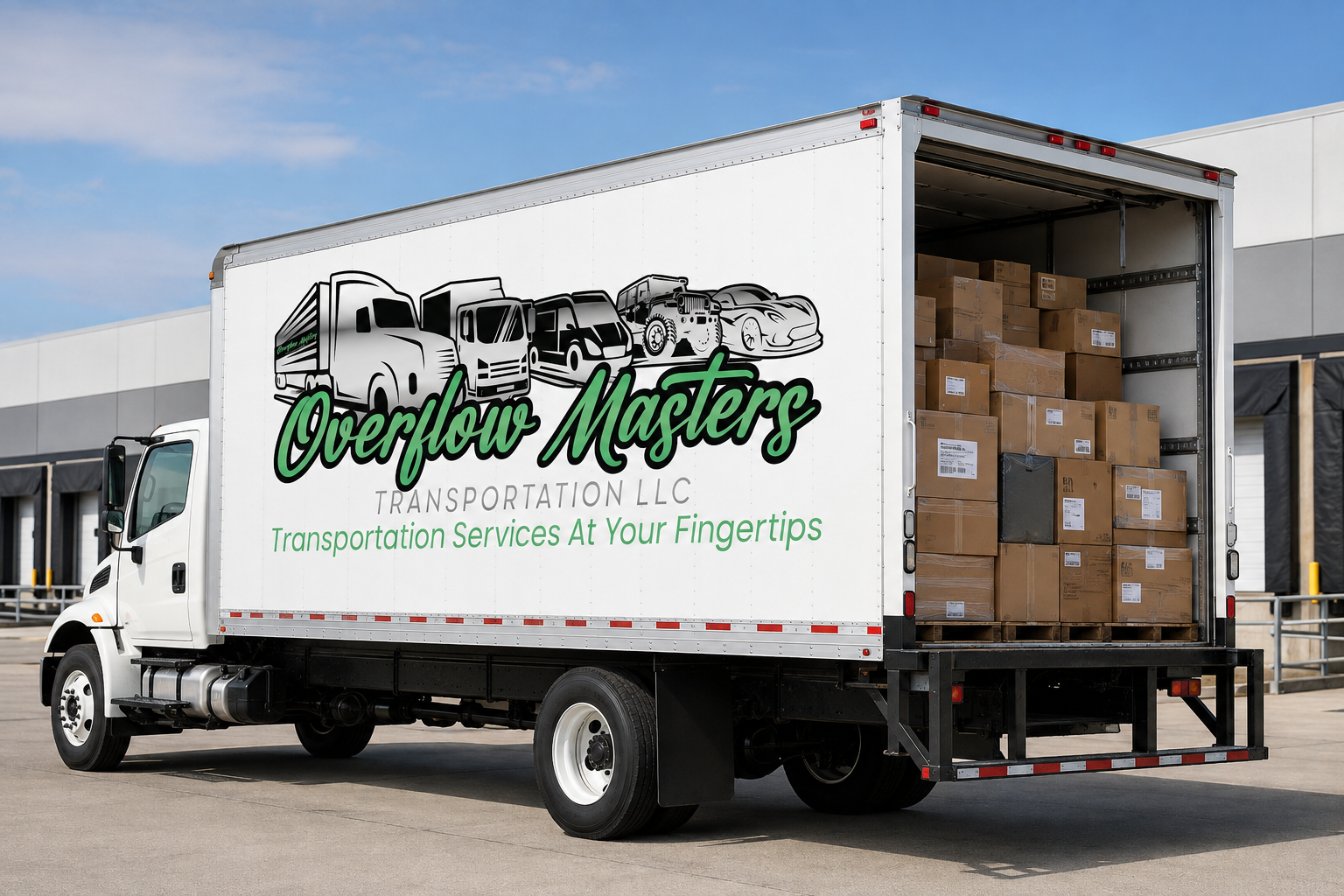 Overflow Masters branded box truck loaded with palletized boxes at a Memphis loading dock